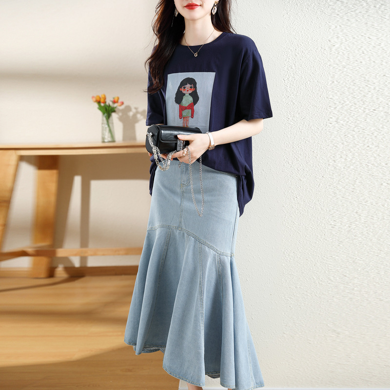 Denim suknja s ribljim repom, duga, nepravilan rub, jesen 2023, ležerni japansko-korejski stil, poliester 30–50%