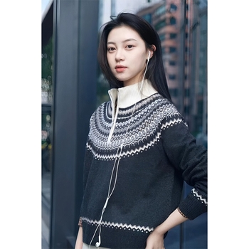 Ženski vuneni džemper s geometrijskim Jacquardom, kapuljačom, širokim krojem