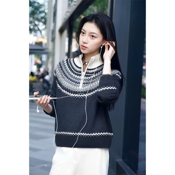 Ženski vuneni džemper s geometrijskim Jacquardom, kapuljačom, širokim krojem