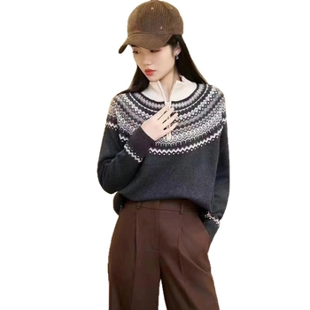 Ženski vuneni džemper s geometrijskim Jacquardom, kapuljačom, širokim krojem