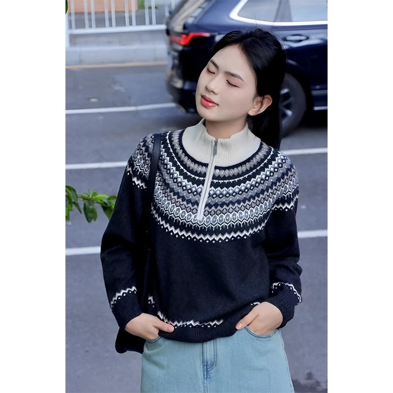 Ženski vuneni džemper s geometrijskim Jacquardom, kapuljačom, širokim krojem