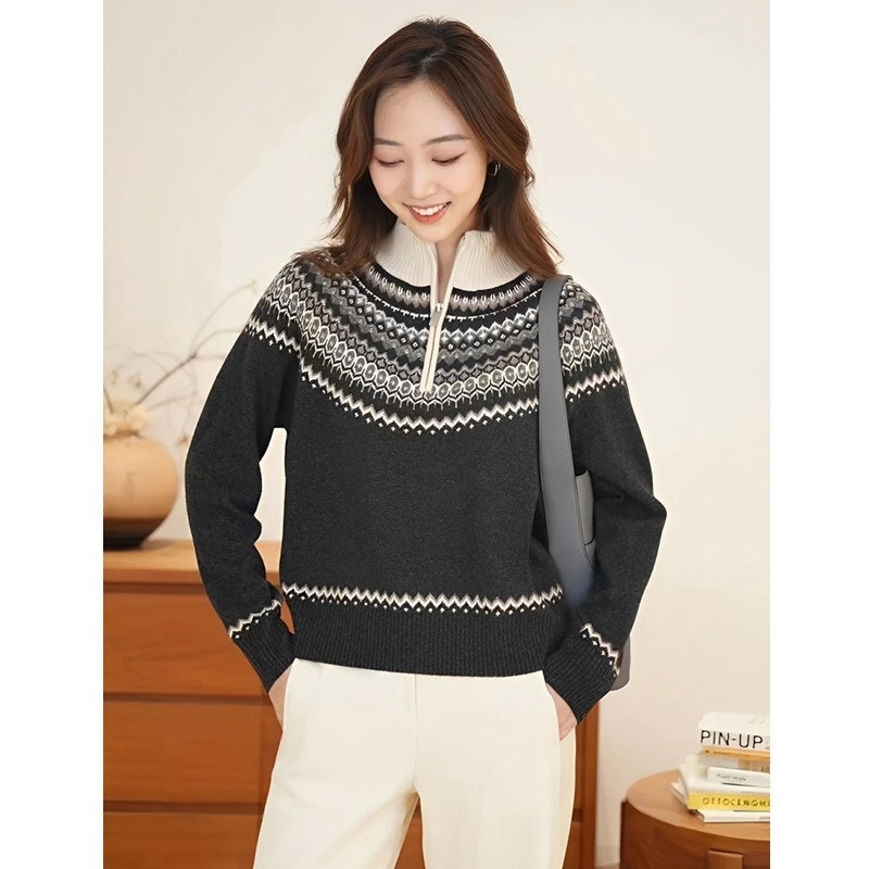 Ženski vuneni džemper s geometrijskim Jacquardom, kapuljačom, širokim krojem