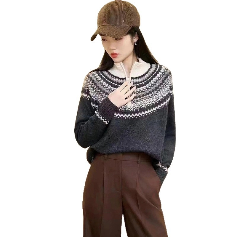 Ženski vuneni džemper s geometrijskim Jacquardom, kapuljačom, širokim krojem