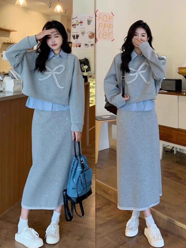 Dvojdielny dámsky kostým: pulóver s polo golierom a dlhými rukávmi + midi sukňa s vysokým pásom, jeseň 2025, polyester