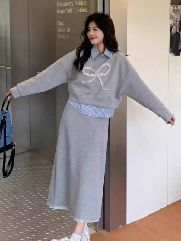 Dvojdielny dámsky kostým: pulóver s polo golierom a dlhými rukávmi + midi sukňa s vysokým pásom, jeseň 2025, polyester