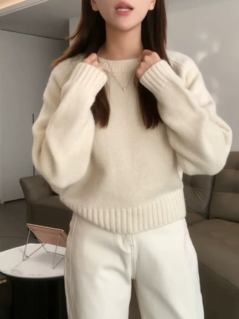 Dámsky svetrov z vlny, okrúhly výstrih, dlhé rukávy, voľný strih, mimoriadne hrubý, 95% vlna