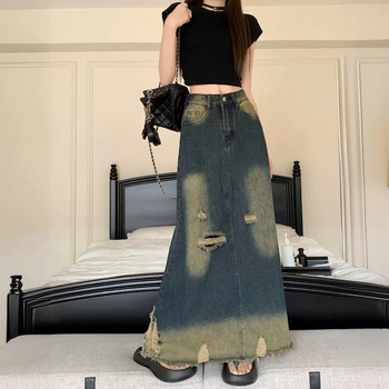 Džínsová sukňa midi dĺžky - jednobarevný vzor - bez žehlenia - 50–70% bavlna / 30–50% polyester - retro štýl