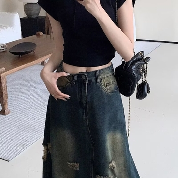 Džínsová sukňa midi dĺžky - jednobarevný vzor - bez žehlenia - 50–70% bavlna / 30–50% polyester - retro štýl