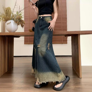 Džínsová sukňa midi dĺžky - jednobarevný vzor - bez žehlenia - 50–70% bavlna / 30–50% polyester - retro štýl