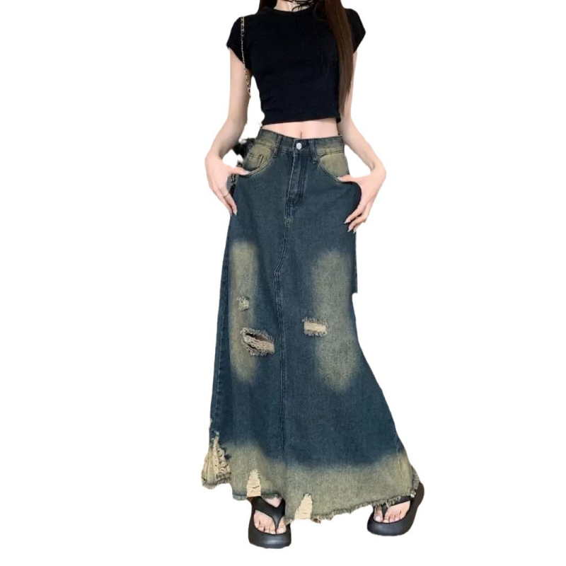 Džínsová sukňa midi dĺžky - jednobarevný vzor - bez žehlenia - 50–70% bavlna / 30–50% polyester - retro štýl