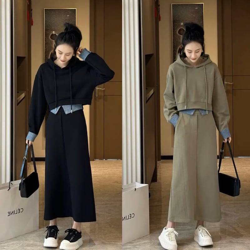 Pkulele ženski jesenski set – top i suknja, dugi rukavi, mješavina poliester-spandeks, elegantan uredski stil