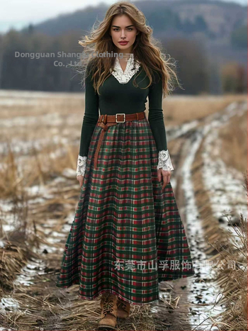 Dlhá patchworková sukňa s karovaným vzorom, polyester, jesenný zimný literárno-retrový vidiecky štýl