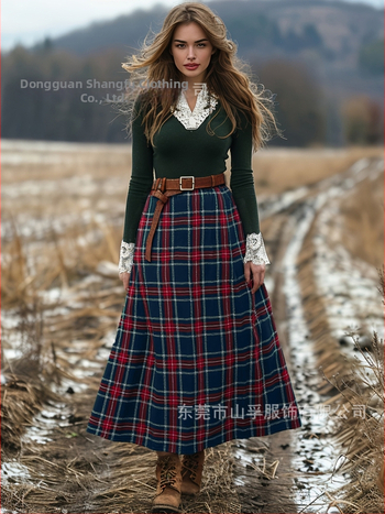 Dlhá patchworková sukňa s karovaným vzorom, polyester, jesenný zimný literárno-retrový vidiecky štýl