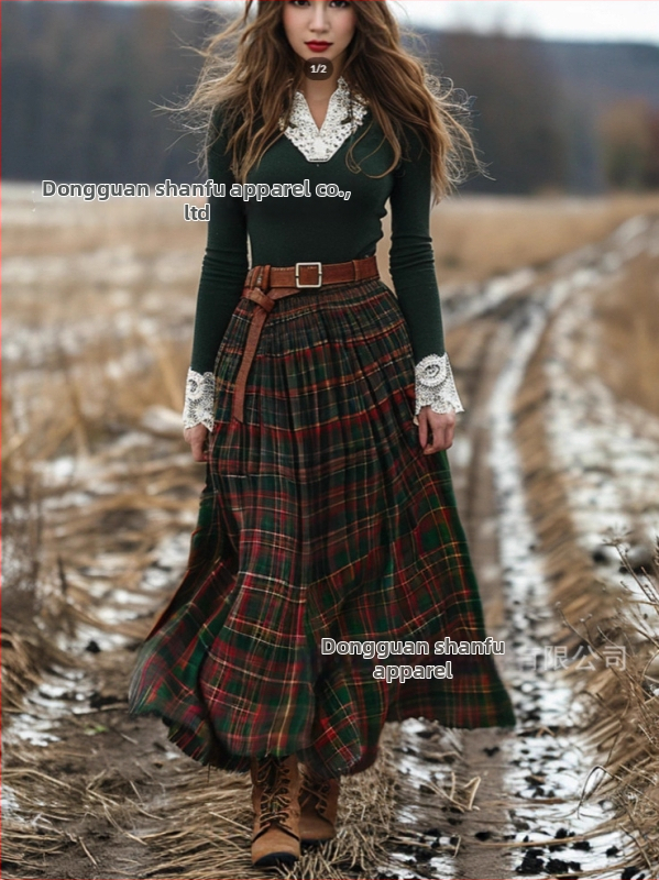 Dlhá patchworková sukňa s karovaným vzorom, polyester, jesenný zimný literárno-retrový vidiecky štýl