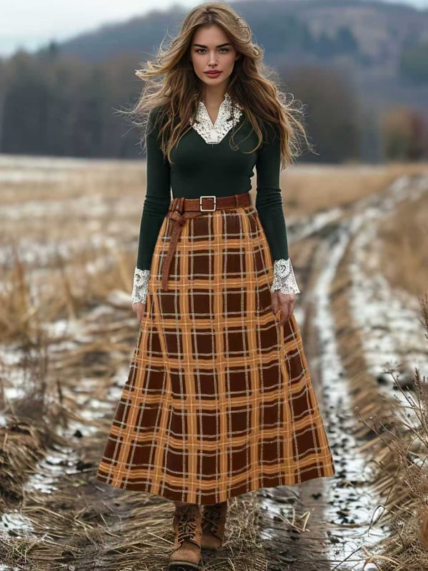 Fustă lungă patchwork în carouri, poliester, stil pastoral literar toamnă-iarnă