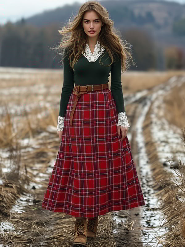 Fustă lungă patchwork în carouri, poliester, stil pastoral literar toamnă-iarnă