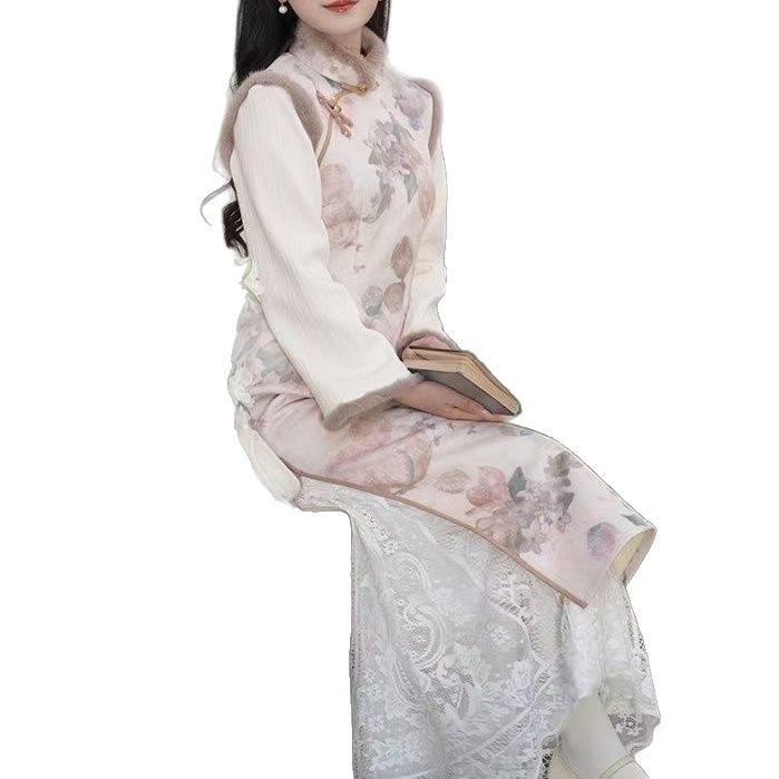 Duga suknja s floralnim uzorkom i čipkastim prorezima, oversize kroj, poliester-bavlna smjes