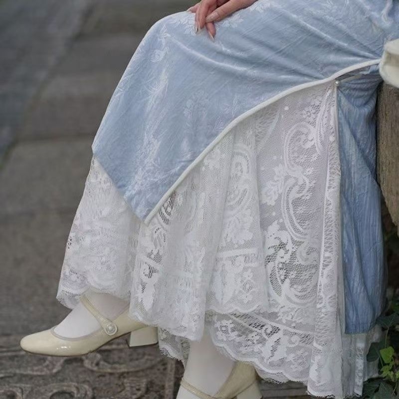 Duga suknja s floralnim uzorkom i čipkastim prorezima, oversize kroj, poliester-bavlna smjes