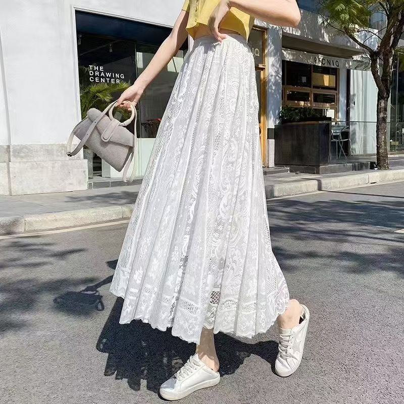 Duga suknja s floralnim uzorkom i čipkastim prorezima, oversize kroj, poliester-bavlna smjes