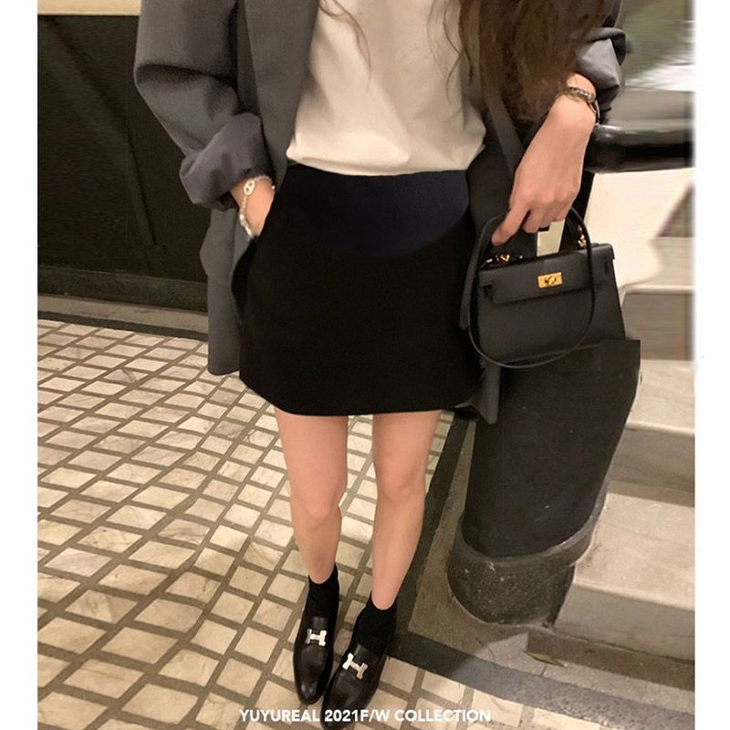 Trudnična vunena midi suknja, visoki pojas, jednobojna, 50-70% poliester