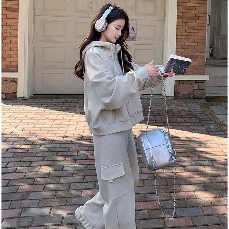 Ženski dvodijelni set s otiskom, gornji dio: sweatshirt, kolaž dizajn, dugi rukavi, mješavina poliestera i elastana