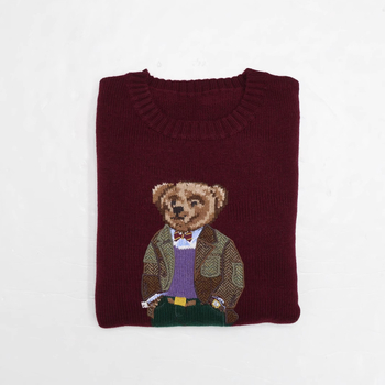 Pulover od vune s vezom malog medvjedića, okrugli izrez, udoban kroj, dugi rukavi