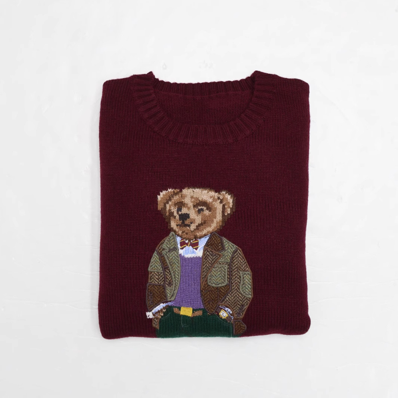 Pulover od vune s vezom malog medvjedića, okrugli izrez, udoban kroj, dugi rukavi