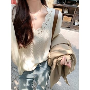 Korejskog stila twist pleteni džemper s kapuljom, V izrez, pamuk-kašmir s elastanom, dugi rukavi, jesen 2025