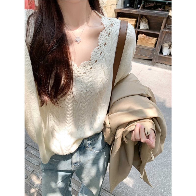 Korejskog stila twist pleteni džemper s kapuljom, V izrez, pamuk-kašmir s elastanom, dugi rukavi, jesen 2025