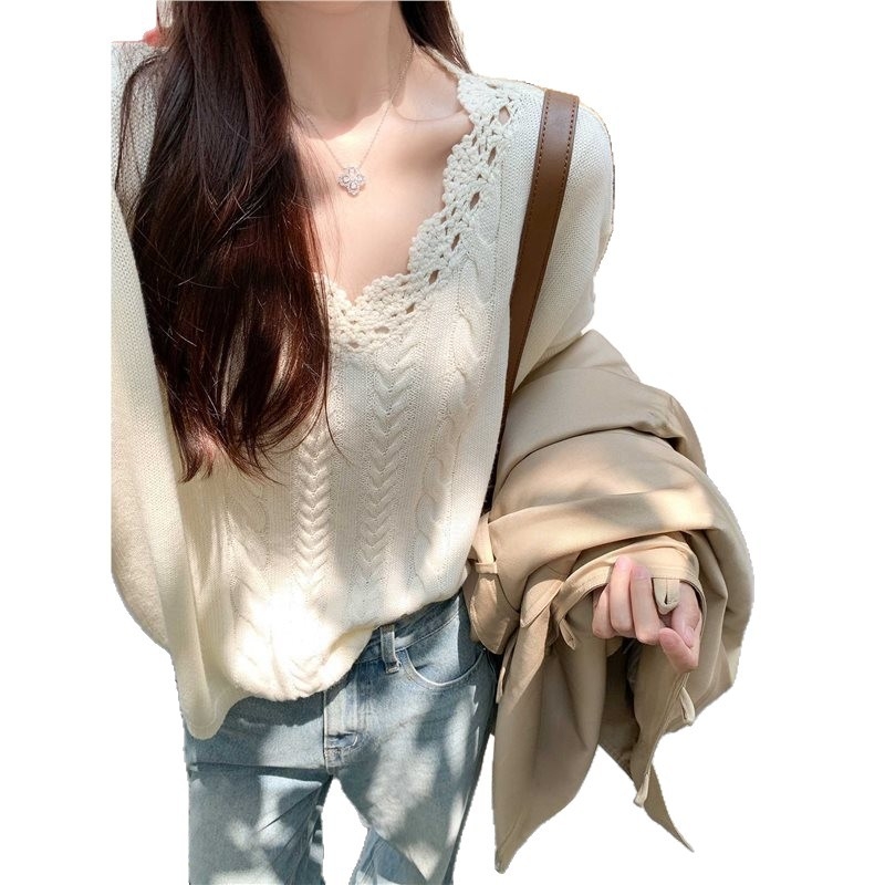 Korejskog stila twist pleteni džemper s kapuljom, V izrez, pamuk-kašmir s elastanom, dugi rukavi, jesen 2025