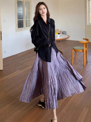 Duga plisirana suknja u retro stilu, poliester 95%+, mikro-elastičnost, proljeće 2025