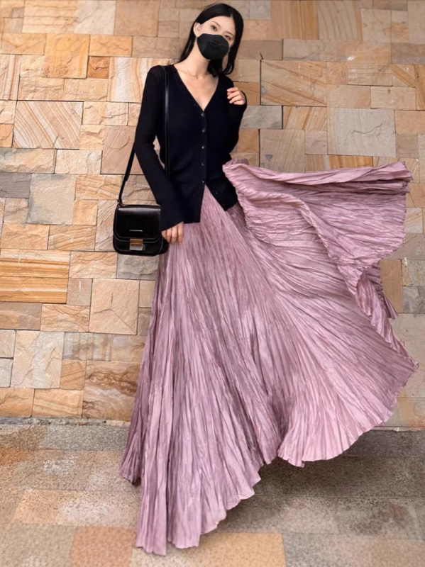 Duga plisirana suknja u retro stilu, poliester 95%+, mikro-elastičnost, proljeće 2025