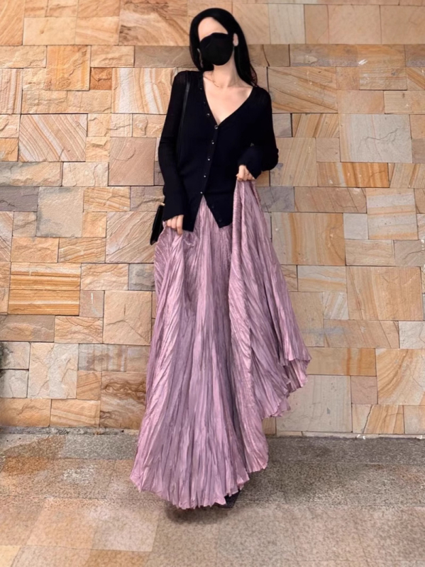 Duga plisirana suknja u retro stilu, poliester 95%+, mikro-elastičnost, proljeće 2025