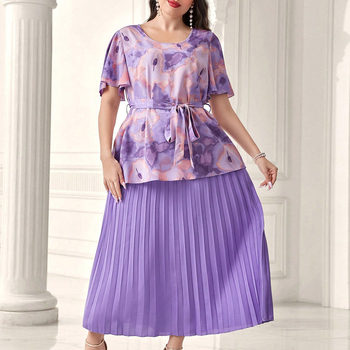 Dvo-dijelski set: košulja i duga plisirana suknja s visokim pojasom - poliester, otisak, 3/4 rukavi, ljeto 2024, za žene