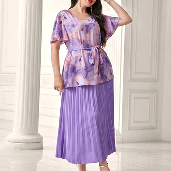 Dvo-dijelski set: košulja i duga plisirana suknja s visokim pojasom - poliester, otisak, 3/4 rukavi, ljeto 2024, za žene