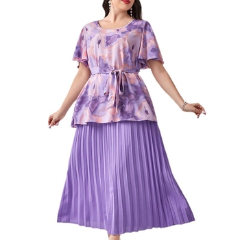 Dvo-dijelski set: košulja i duga plisirana suknja s visokim pojasom - poliester, otisak, 3/4 rukavi, ljeto 2024, za žene