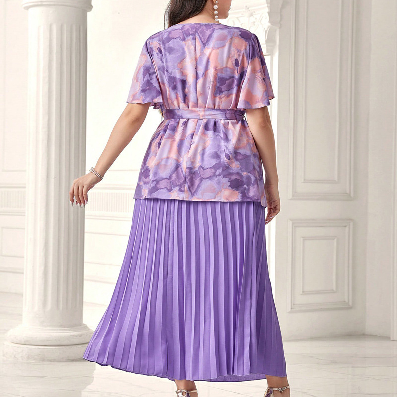 Dvo-dijelski set: košulja i duga plisirana suknja s visokim pojasom - poliester, otisak, 3/4 rukavi, ljeto 2024, za žene