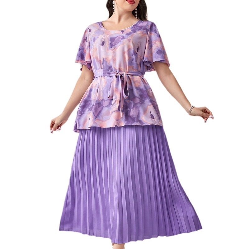 Dvo-dijelski set: košulja i duga plisirana suknja s visokim pojasom - poliester, otisak, 3/4 rukavi, ljeto 2024, za žene