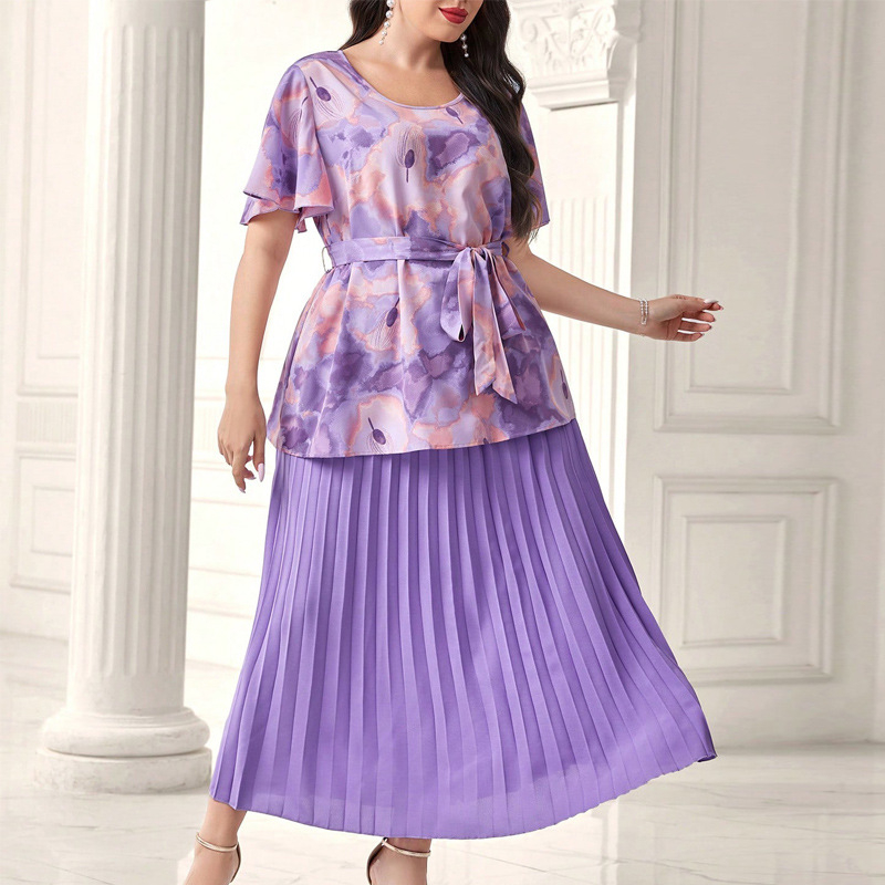 Dvo-dijelski set: košulja i duga plisirana suknja s visokim pojasom - poliester, otisak, 3/4 rukavi, ljeto 2024, za žene