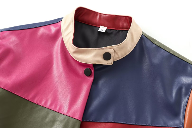 PU koža s umjetnim krznom, color-block uzorak, stojeći ovratnik, dugi rukavi, širokog kroja