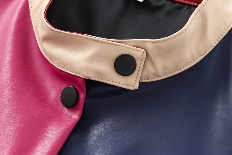 PU koža s umjetnim krznom, color-block uzorak, stojeći ovratnik, dugi rukavi, širokog kroja