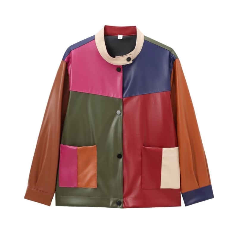 PU koža s umjetnim krznom, color-block uzorak, stojeći ovratnik, dugi rukavi, širokog kroja