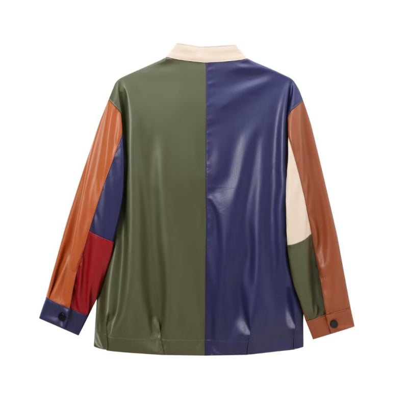PU koža s umjetnim krznom, color-block uzorak, stojeći ovratnik, dugi rukavi, širokog kroja