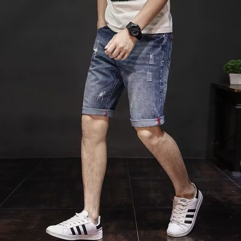 Muške kratke hlače ravnog kroja s poderotinama i rupama, poliester, ljeto, street stil
