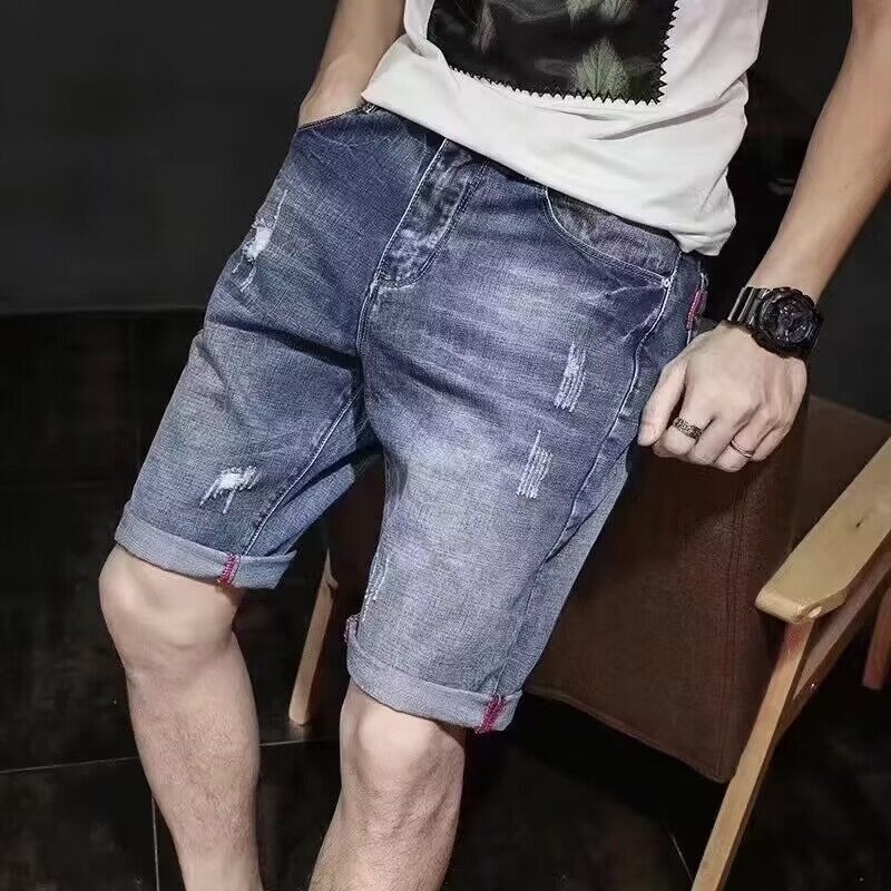 Muške kratke hlače ravnog kroja s poderotinama i rupama, poliester, ljeto, street stil