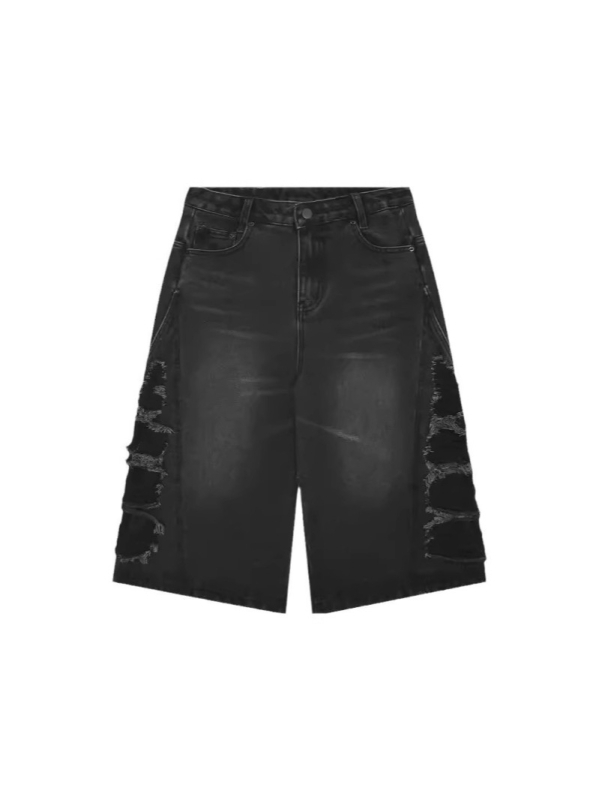 Muške traper hlačice do koljena s distressed učinkom i pranjem – slobodan kroj, srednji pojas, cropped duljina, ravno široka silueta