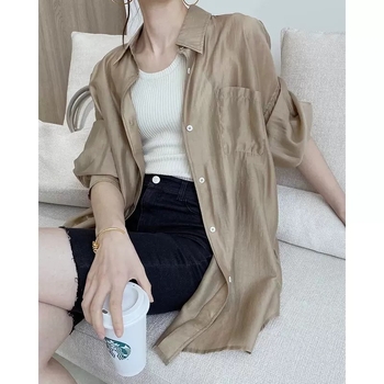 Női poliészter inget-kardigán, laza szabás, hosszú ujjú, egyszínű, üzleti stílus