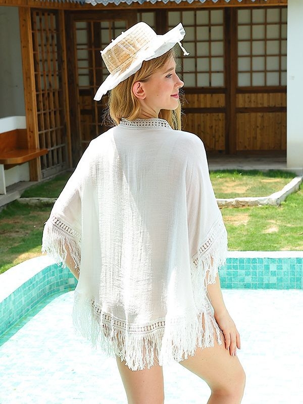 Női croché bojtos patchwork strandkendő Cape stílusban, 3/4 ujjú, középhosszú (50–65 cm), UPF30+ napvédelmet nyújtó, anyag: poliészter-pamut keverék