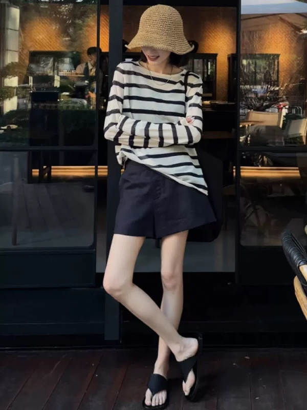 Laza szabású női pulóver Tencel Lyocell anyagból, hosszú ujjú, vékony anyag, csíkos mintázat, UPF30+