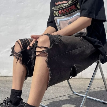 Muške traper kratke hlače s rupama - hip-hop stil, ravni kroj, cropped dužina, pamuk